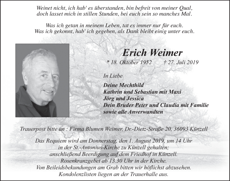  Traueranzeige für Erich Weimer vom 30.07.2019 aus FZ