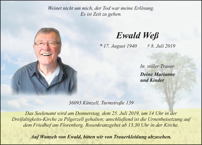  Traueranzeige für Ewald Weß vom 22.07.2019 aus FZ