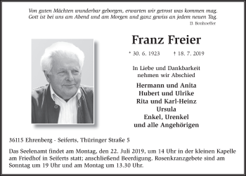 Traueranzeige von Franz Freier von FZ