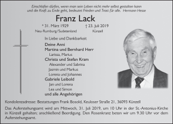 Traueranzeige von Franz Lack von FZ