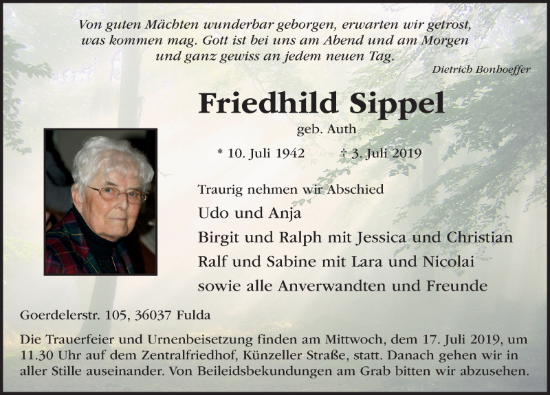  Traueranzeige für Friedhild Sippel vom 11.07.2019 aus FZ
