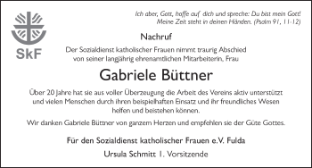 Traueranzeige von Gabriele Büttner von FZ
