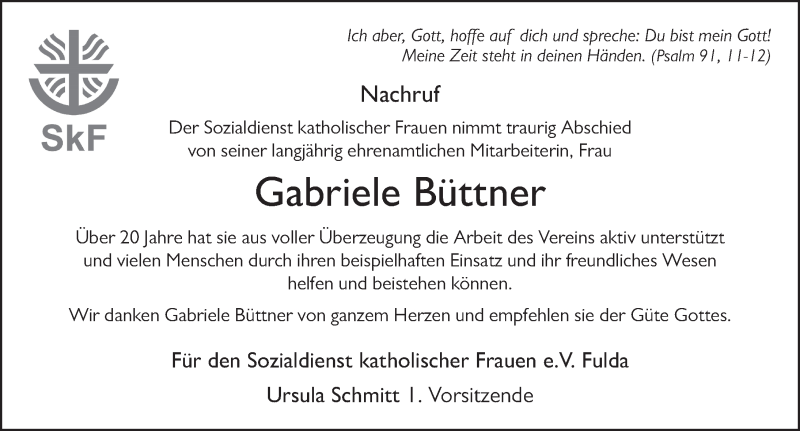  Traueranzeige für Gabriele Büttner vom 23.07.2019 aus FZ