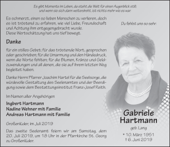 Traueranzeige von Gabriele Hartmann von FZ