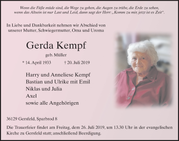 Traueranzeige von Gerda Kempf von FZ