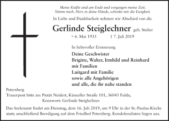 Traueranzeige von Gerlinde Steiglechner von FZ