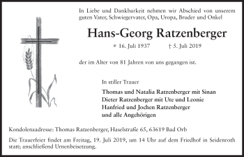 Traueranzeige von Hans-Georg Ratzenberger von FZ