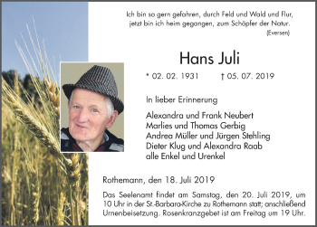 Traueranzeige von Hans Juli von FZ