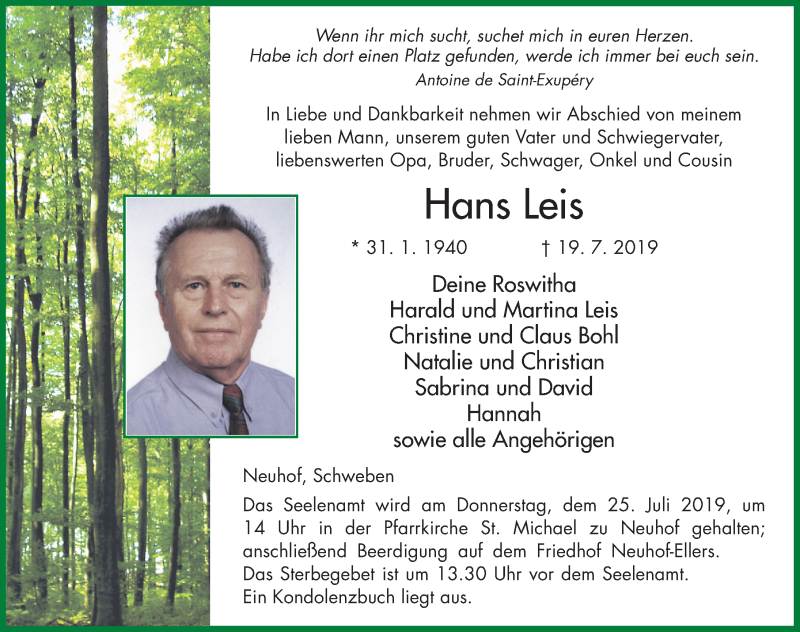  Traueranzeige für Hans Leis vom 23.07.2019 aus FZ