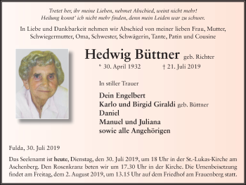 Traueranzeige von Hedwig Büttner von FZ