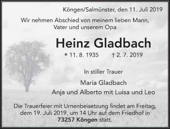 Traueranzeige von Heinz Gladbach von FZ