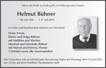 Traueranzeige von Helmut Bühner von FZ