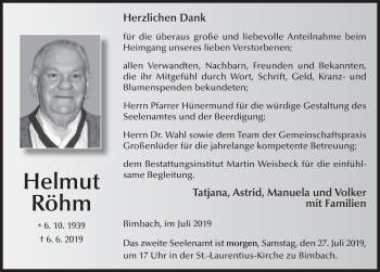 Traueranzeige von Helmut Röhm von FZ