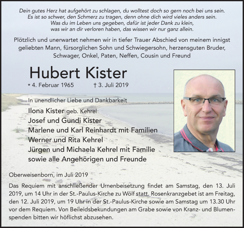  Traueranzeige für Hubert Kister vom 11.07.2019 aus FZ