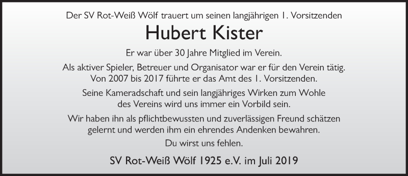  Traueranzeige für Hubert Kister vom 11.07.2019 aus FZ