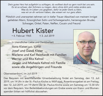 Traueranzeige von Hubert Kister von FZ