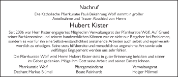 Traueranzeige von Hubert Kister von FZ