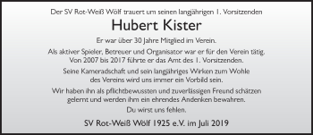 Traueranzeige von Hubert Kister von FZ