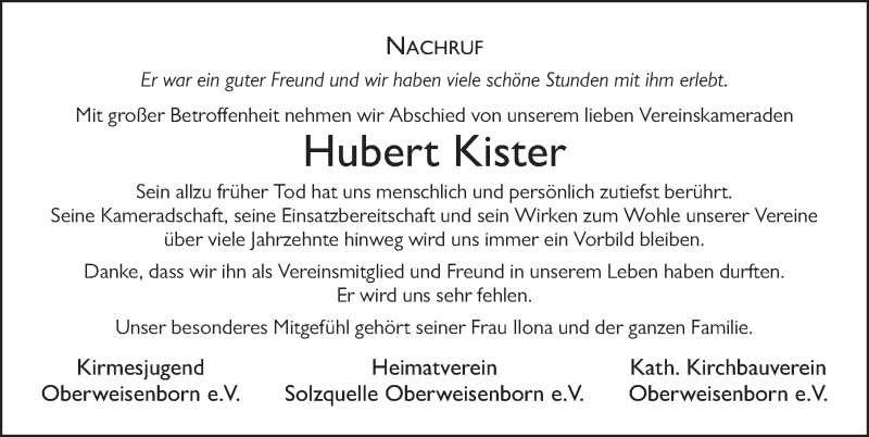  Traueranzeige für Hubert Kister vom 11.07.2019 aus FZ