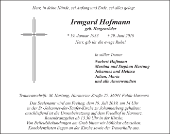 Traueranzeige von Irmgard Hofmann von FZ