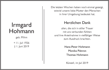 Traueranzeige von Irmgard Hohmann von FZ
