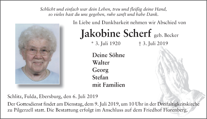  Traueranzeige für Jakobine Scherf vom 06.07.2019 aus FZ