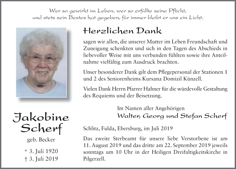  Traueranzeige für Jakobine Scherf vom 20.07.2019 aus FZ