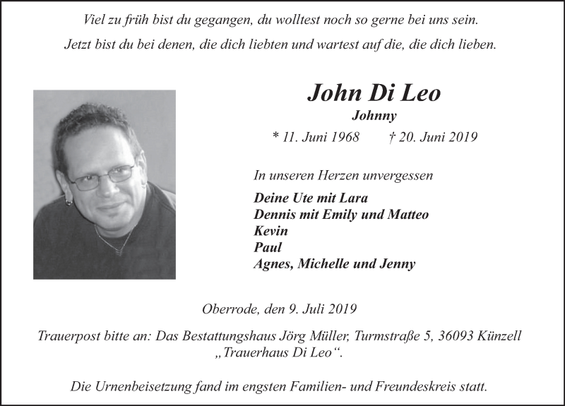  Traueranzeige für John Di Leo vom 09.07.2019 aus FZ