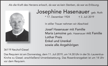 Traueranzeige von Josephine Hasenauer von FZ