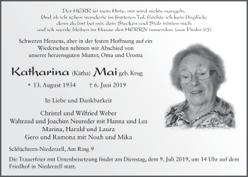 Traueranzeige von Katharina Mai von FZ
