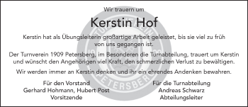 Traueranzeige von Kerstin Hof von FZ