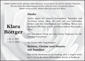 Traueranzeige von Klara Böttger von FZ