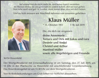 Traueranzeige von Klaus Müller von FZ