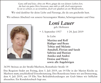 Traueranzeige von Loni Lauer von FZ