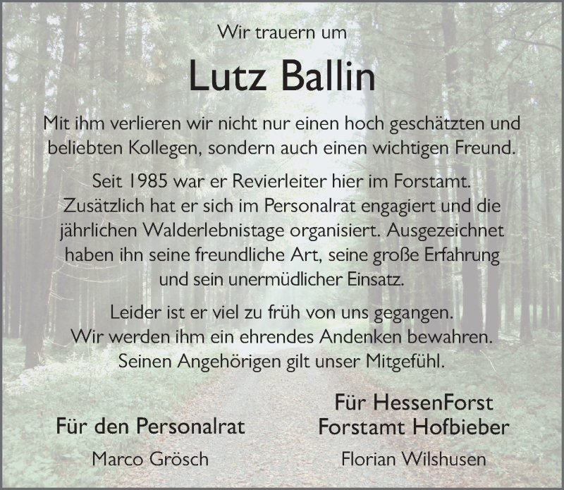  Traueranzeige für Lutz Ballin vom 18.07.2019 aus FZ