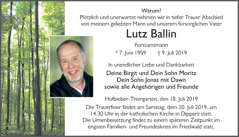  Traueranzeige für Lutz Ballin vom 18.07.2019 aus FZ