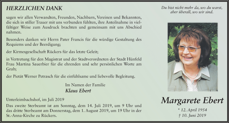  Traueranzeige für Margarete Ebert vom 06.07.2019 aus FZ