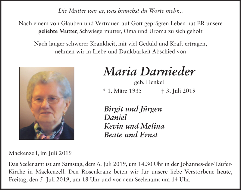  Traueranzeige für Maria Darnieder vom 05.07.2019 aus FZ