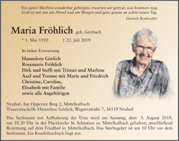 Traueranzeige von Maria Fr?hlich von FZ