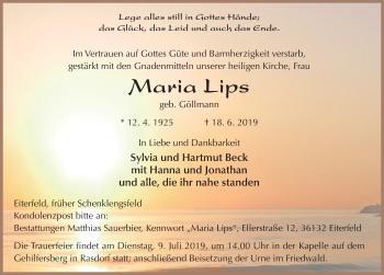Traueranzeige von Maria Lips von FZ