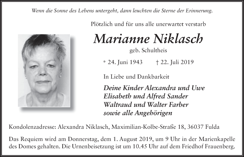  Traueranzeige für Marianne Niklasch vom 29.07.2019 aus FZ