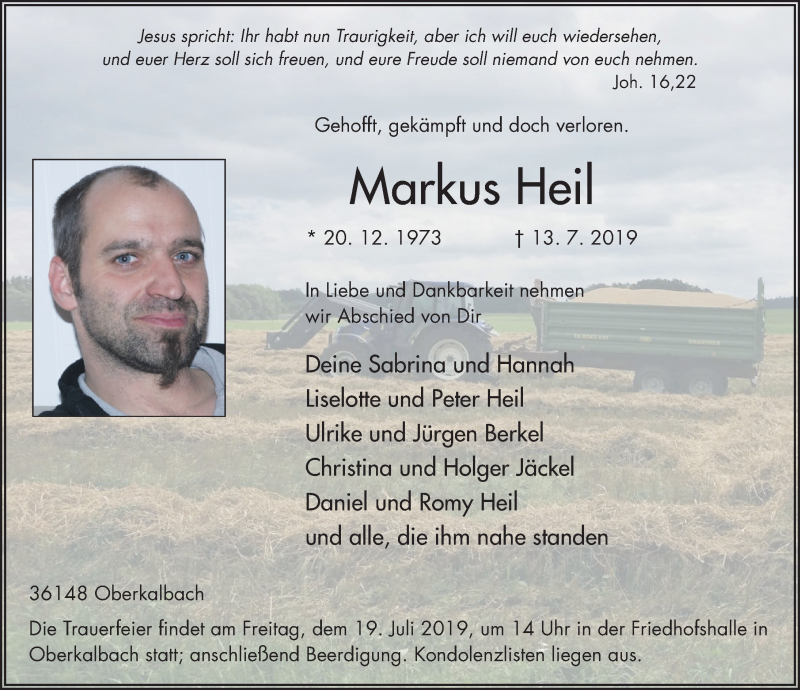  Traueranzeige für Markus Heil vom 17.07.2019 aus FZ