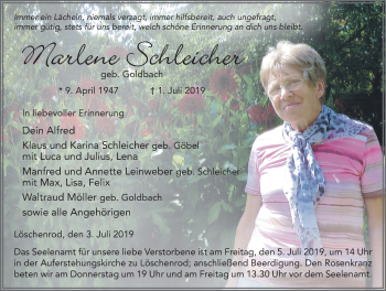 Traueranzeige von Marlene Schleicher von FZ