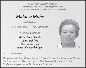 Traueranzeige von Melanie Mohr von FZ