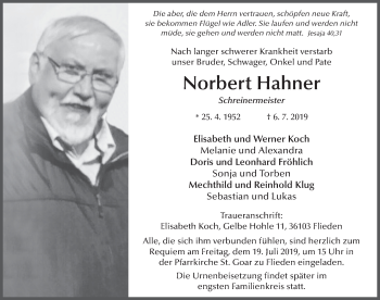 Traueranzeige von Norbert Hahner von FZ