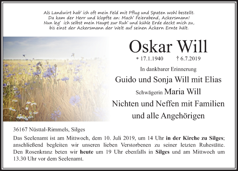  Traueranzeige für Oskar Will vom 09.07.2019 aus FZ