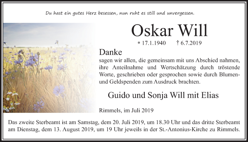  Traueranzeige für Oskar Will vom 19.07.2019 aus FZ