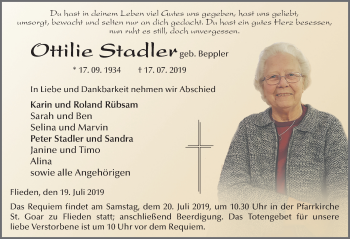 Traueranzeige von Ottilie Stadler von FZ