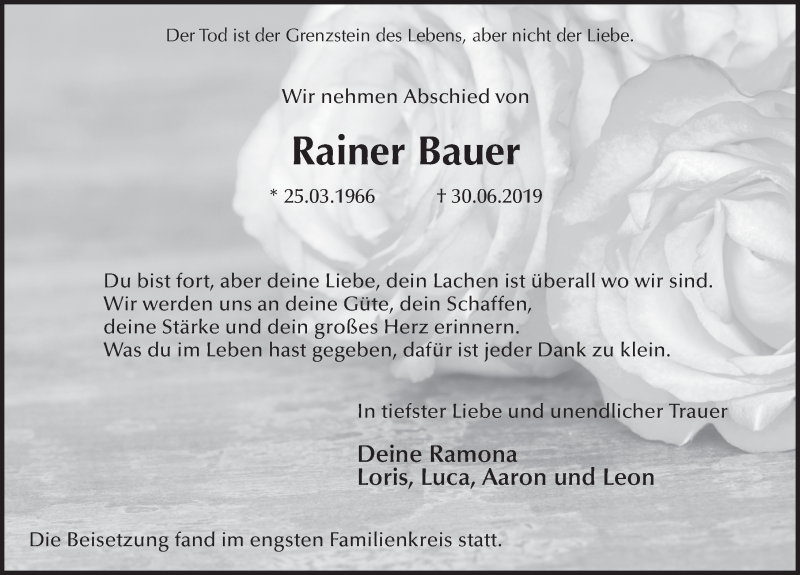  Traueranzeige für Rainer Bauer vom 20.07.2019 aus FZ