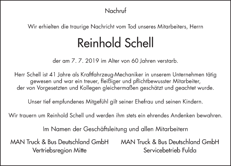  Traueranzeige für Reinhold Schell vom 11.07.2019 aus FZ